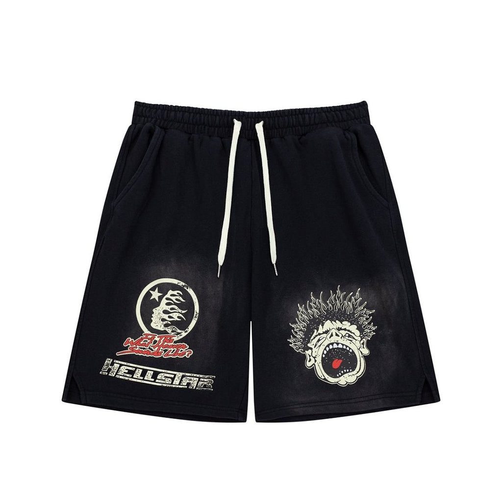 Dark Street‑Style Graphic‑Print Drawstring Summer Shorts