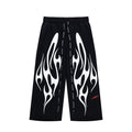 Black White Flame Graphic Loose Drawstring Street‑Wear Pants