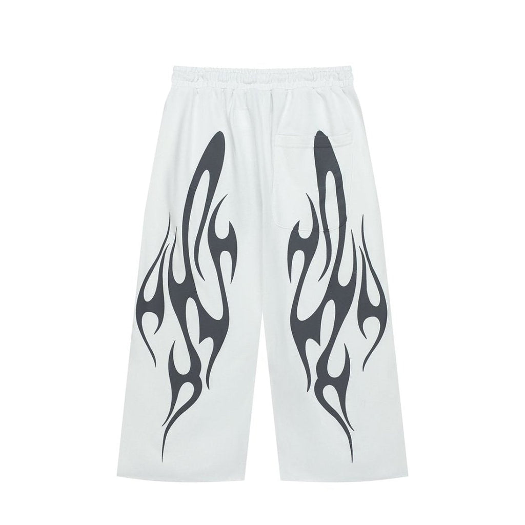 Black White Flame Graphic Loose Drawstring Street‑Wear Pants
