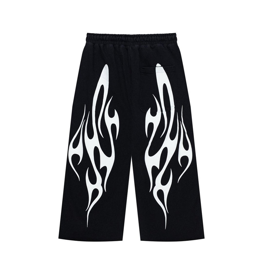 Black White Flame Graphic Loose Drawstring Street‑Wear Pants