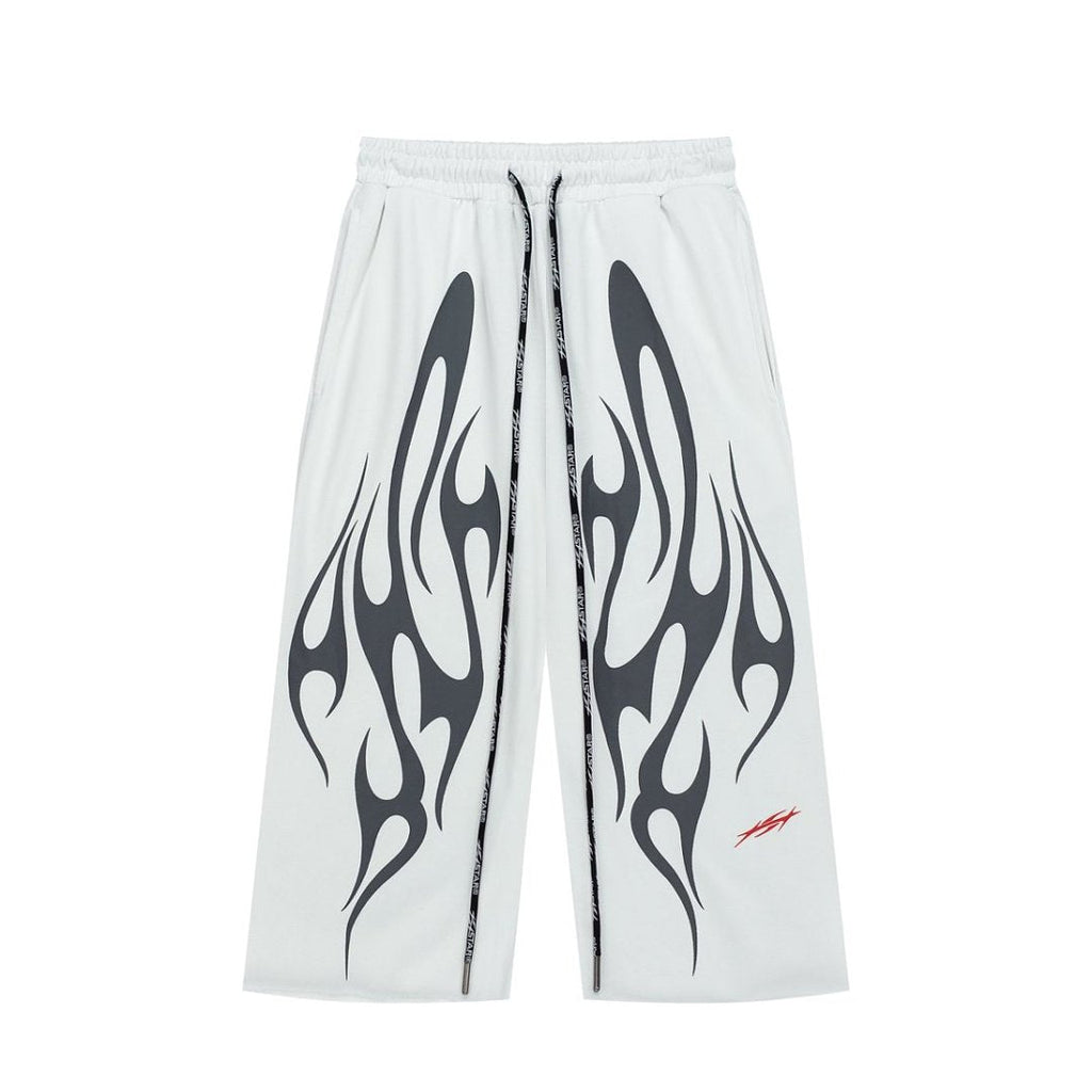 Black White Flame Graphic Loose Drawstring Street‑Wear Pants