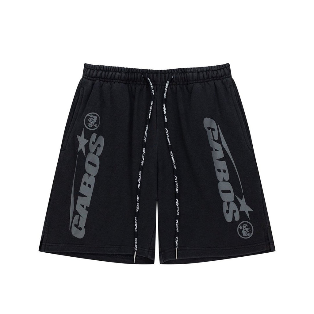 Black Side Letter Graphic Drawstring Loose Street‑Wear Shorts