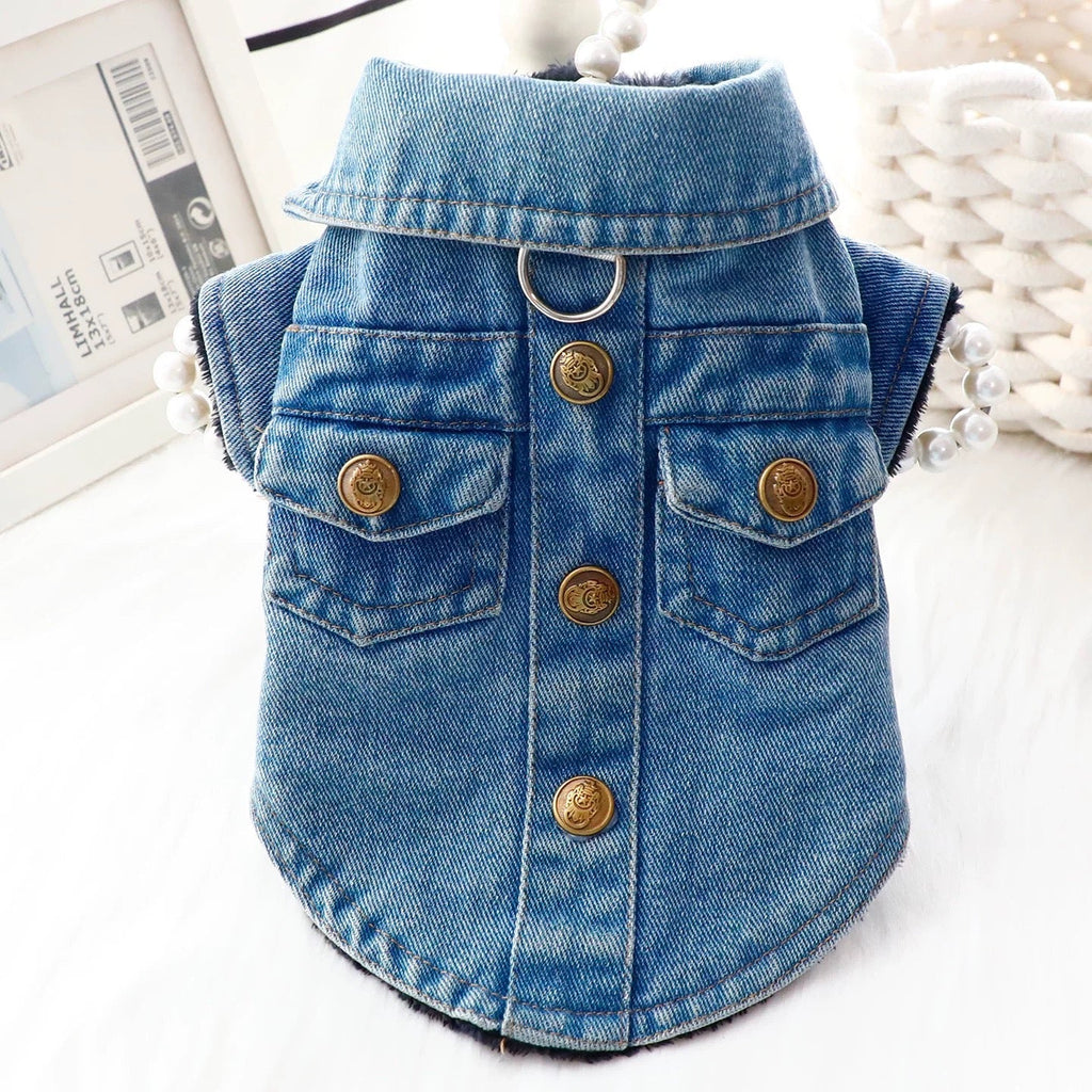 Denim Buttoned Fleece Dog Jacket Jumpsuits