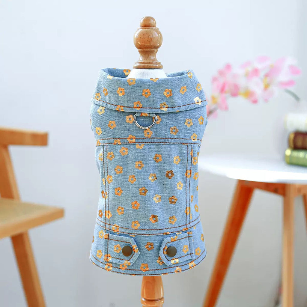 Flower Printed Dog Cat Denim Jacket Harness