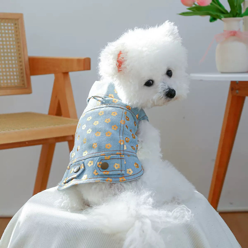 Flower Printed Dog Cat Denim Jacket Harness