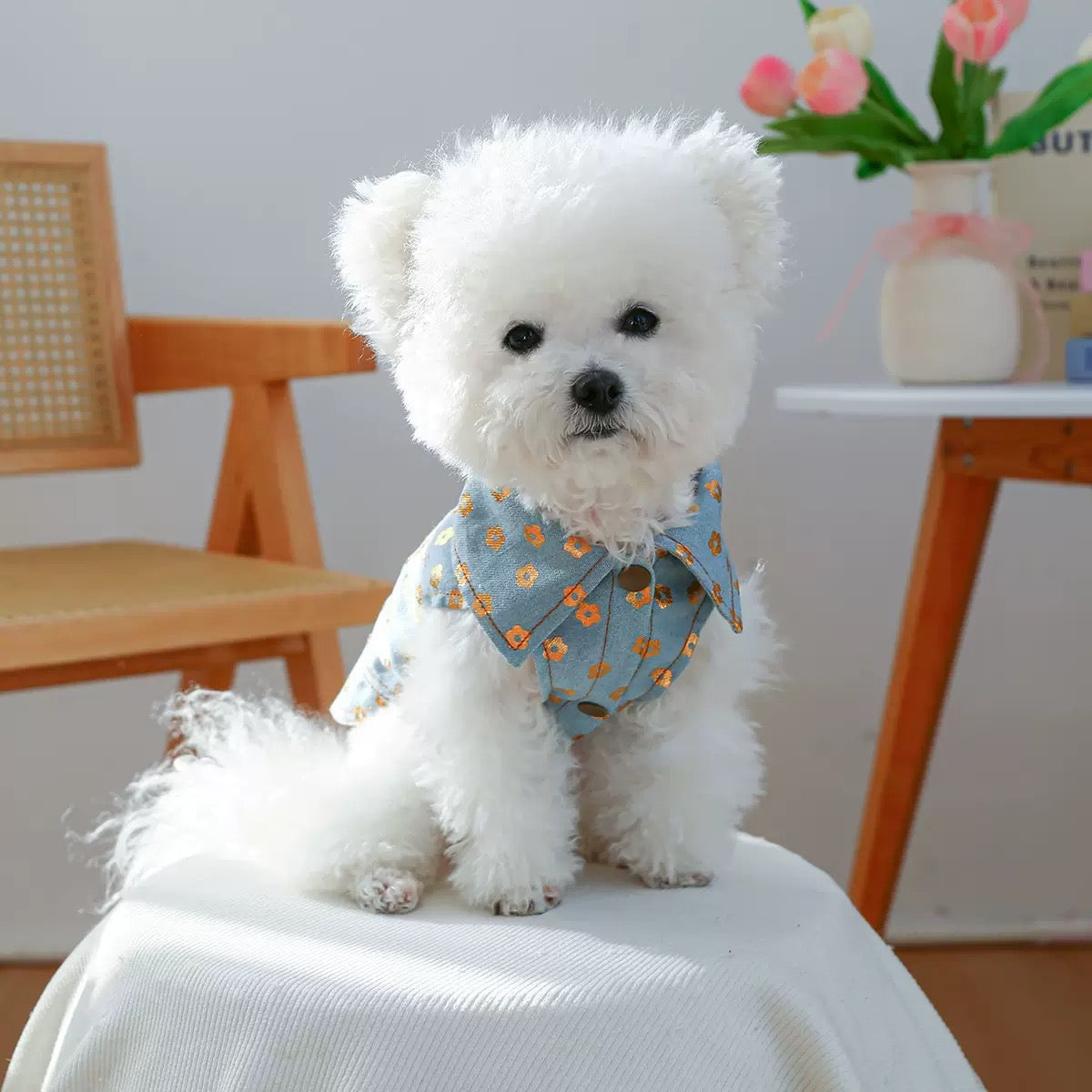 Flower Printed Dog Cat Denim Jacket Harness