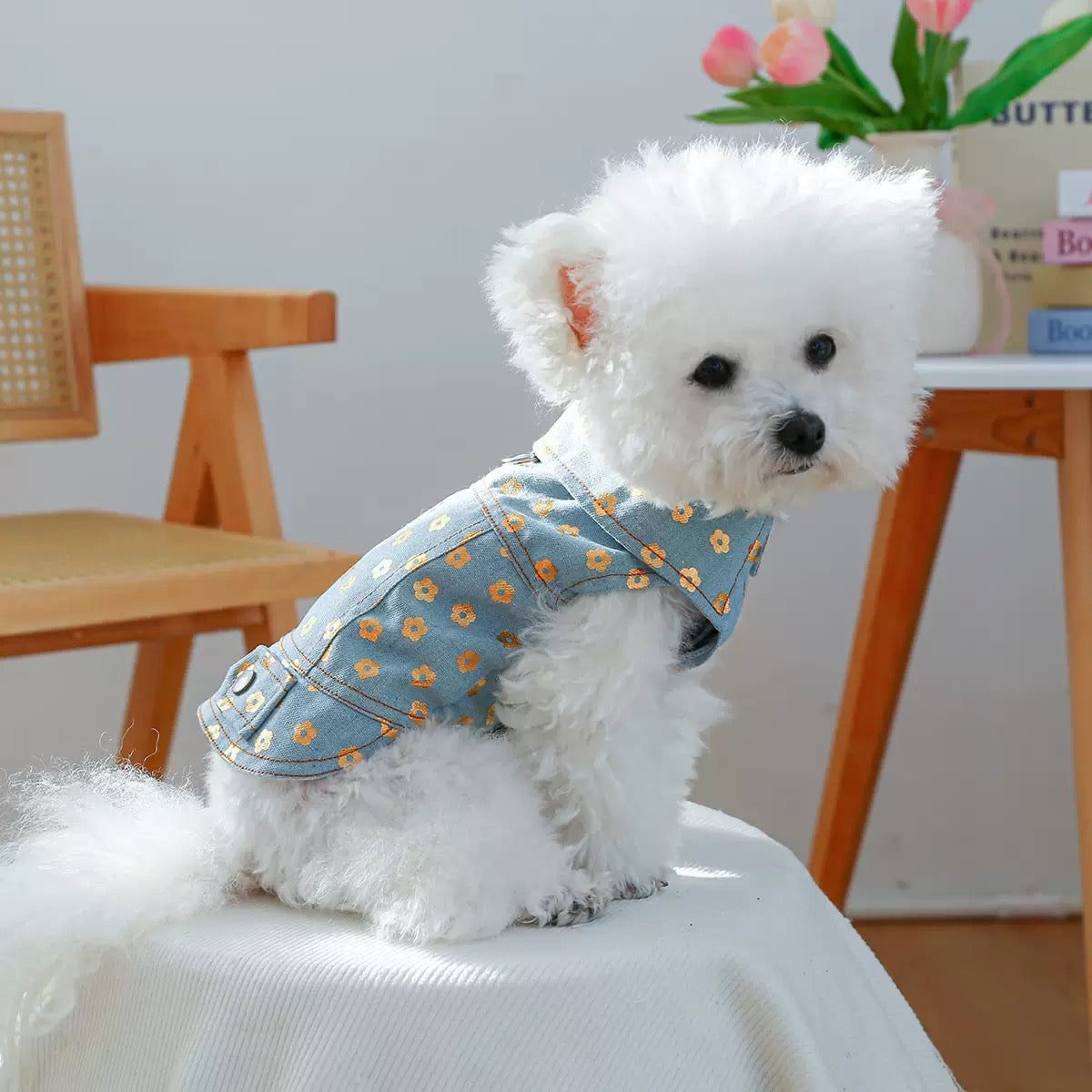 Flower Printed Dog Cat Denim Jacket Harness