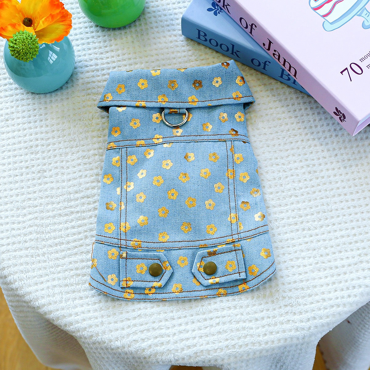 Flower Printed Dog Cat Denim Jacket Harness