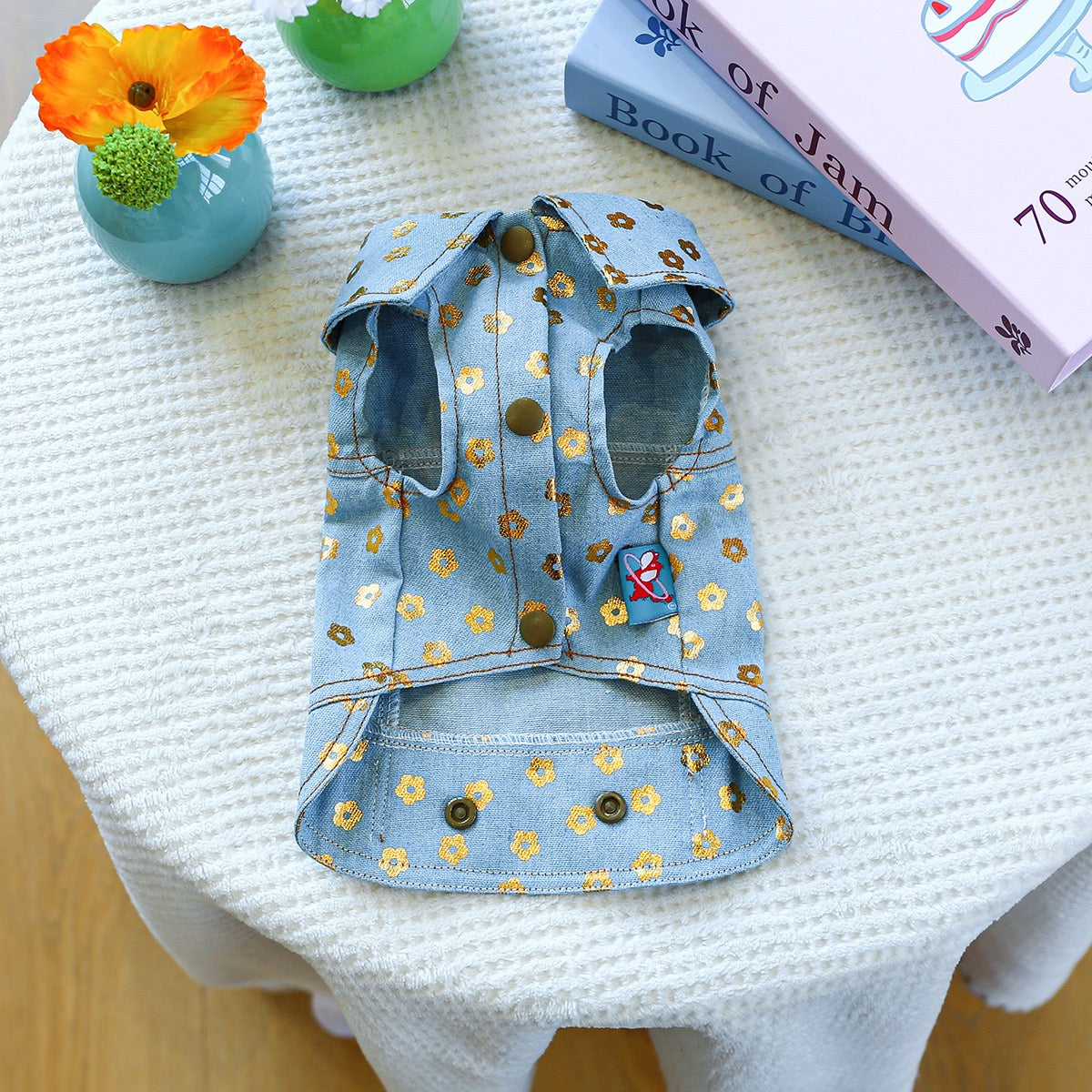 Flower Printed Dog Cat Denim Jacket Harness