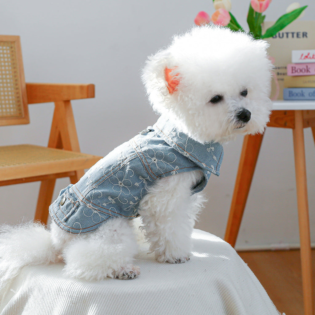 Flower Printed Dog Cat Denim Jacket Harness