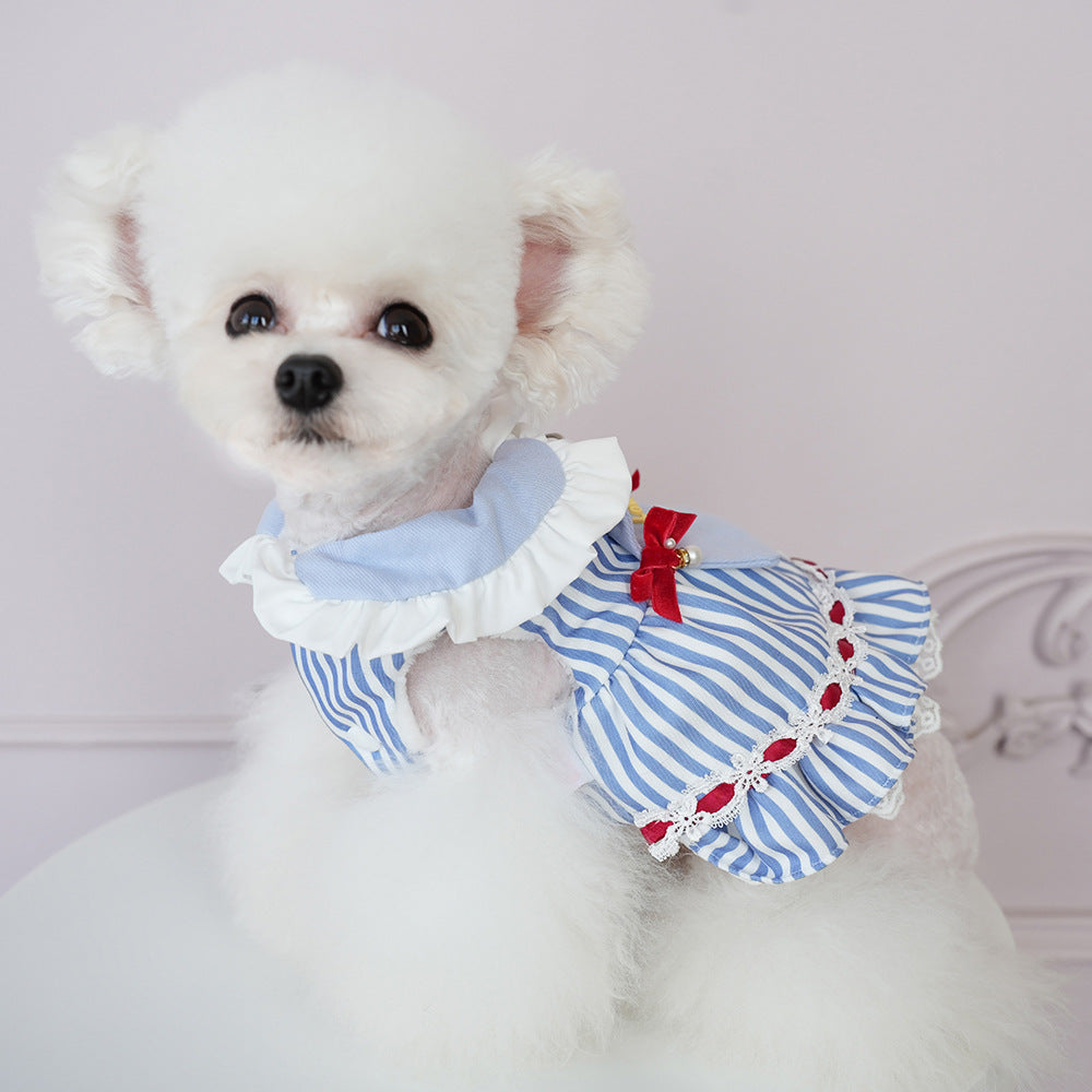 Sweet Striped Letter Bow Fleece Dog Cat Dress