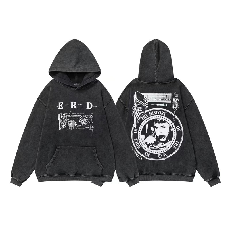 ERD 25FW复古小众潮牌忧郁的富二代高街潮男做旧水洗休闲连帽卫衣 (1)