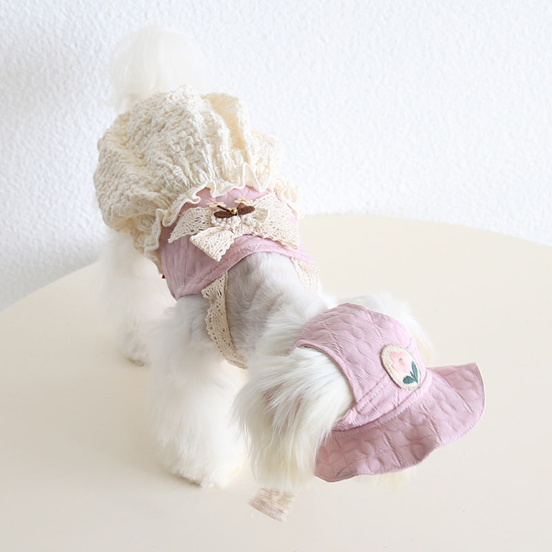 Flower Decor Lace Color Block Dog Cat Princess Dress Hat