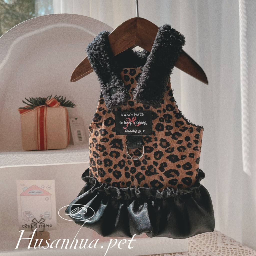 Leopard Pattern Fleece Dog Harness Dress