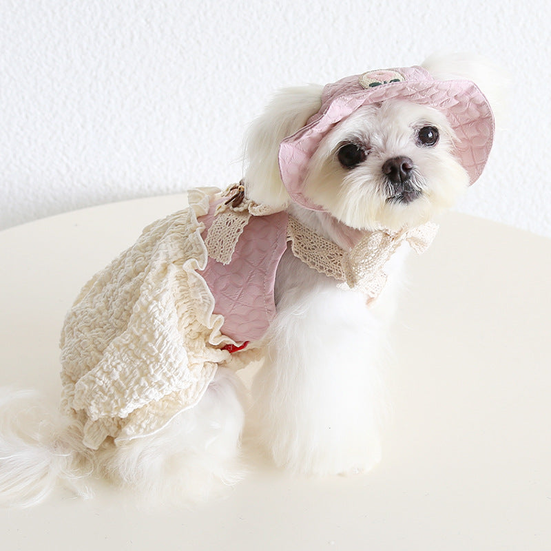 Flower Decor Lace Color Block Dog Cat Princess Dress Hat