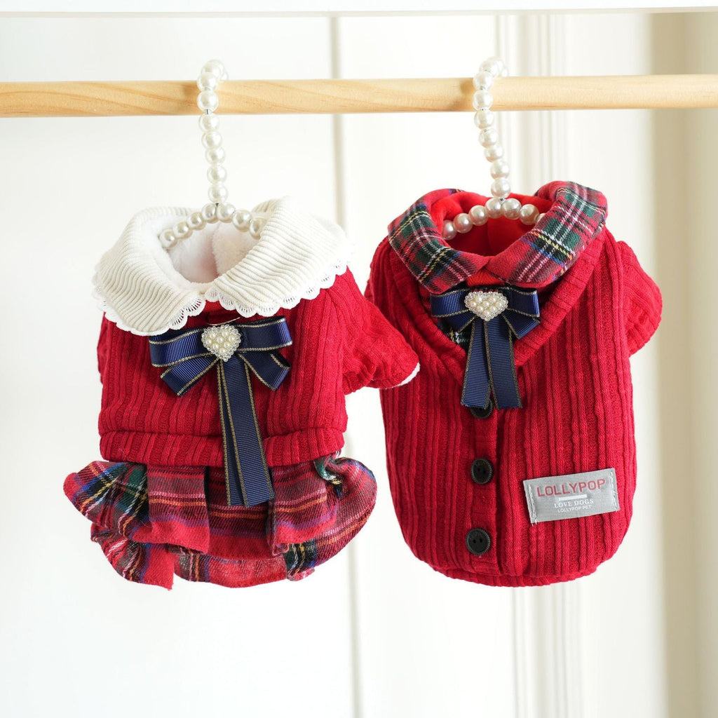 Knitted Plaid Bow Tie Dog Cat Jacket/Dress