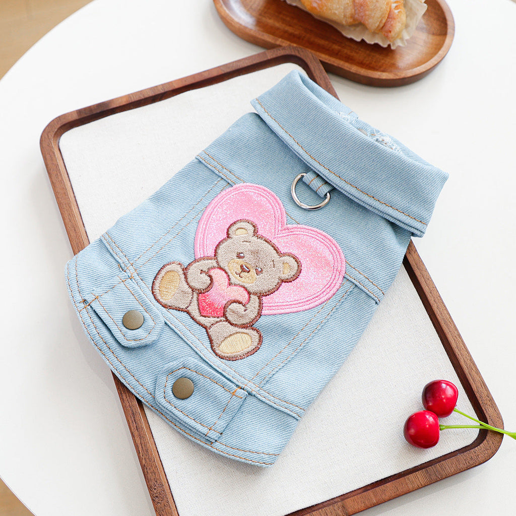 Pink Heart Bear Dog Cat Denim Harness Jacket