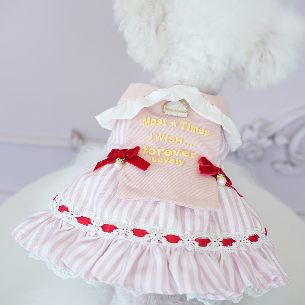 Sweet Striped Letter Bow Fleece Dog Cat Dress
