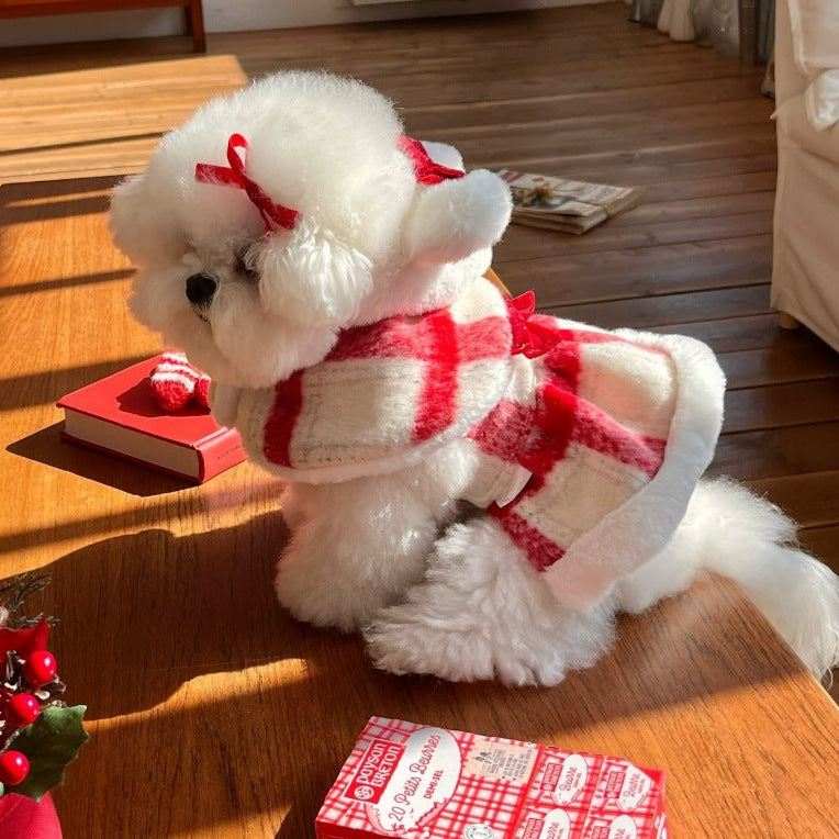 Bow Plaid Ruffled Fleece Dog Cat Dress/Cape