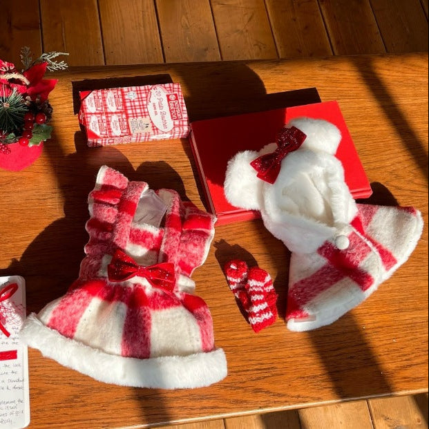 Bow Plaid Ruffled Fleece Dog Cat Dress/Cape