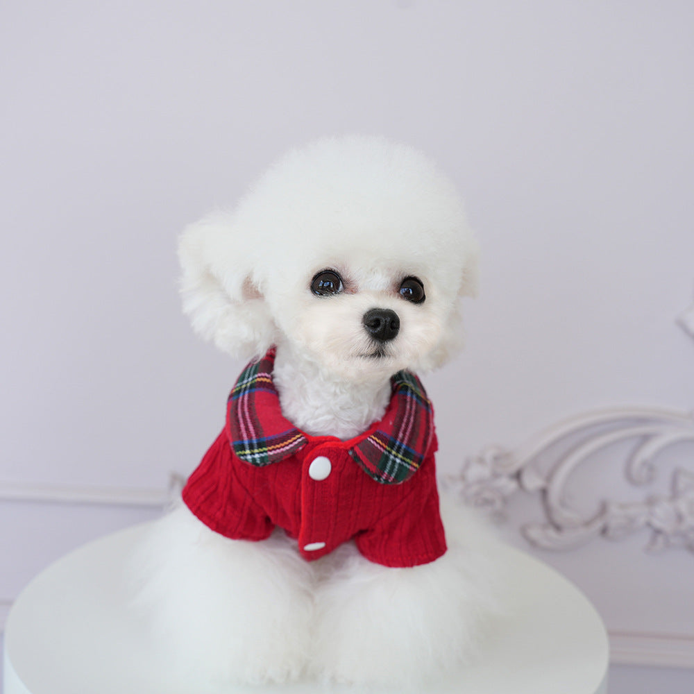 Knitted Plaid Bow Tie Dog Cat Jacket/Dress