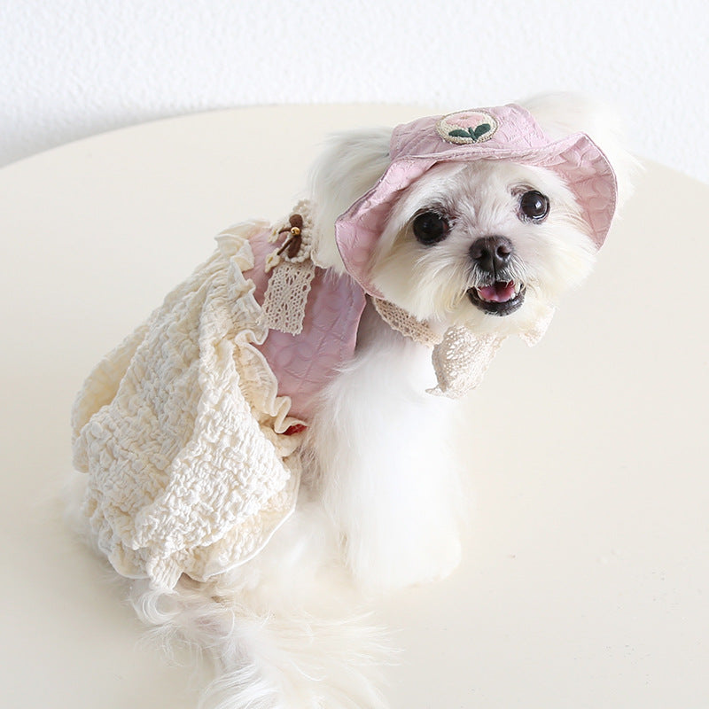 Flower Decor Lace Color Block Dog Cat Princess Dress Hat