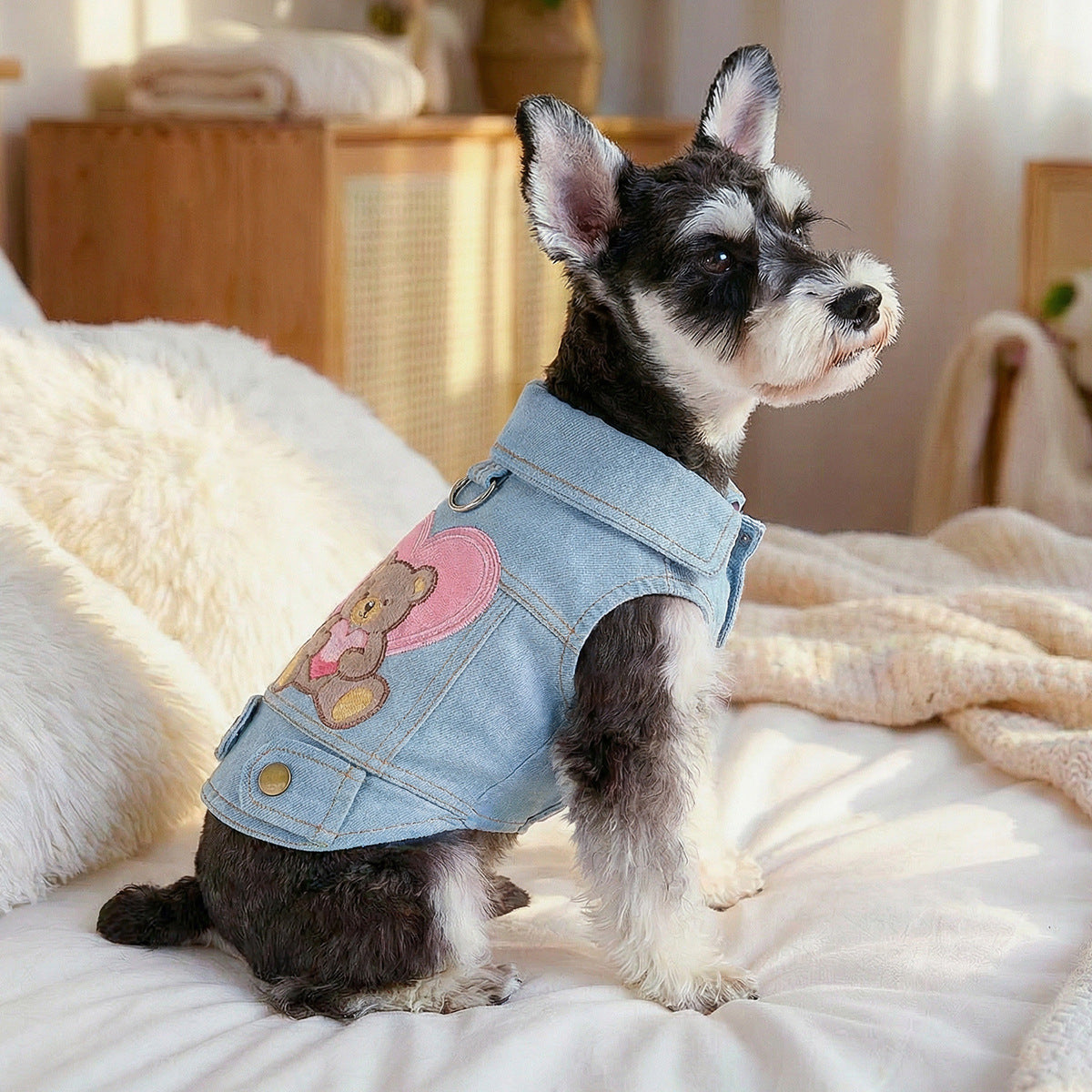 Pink Heart Bear Dog Cat Denim Harness Jacket