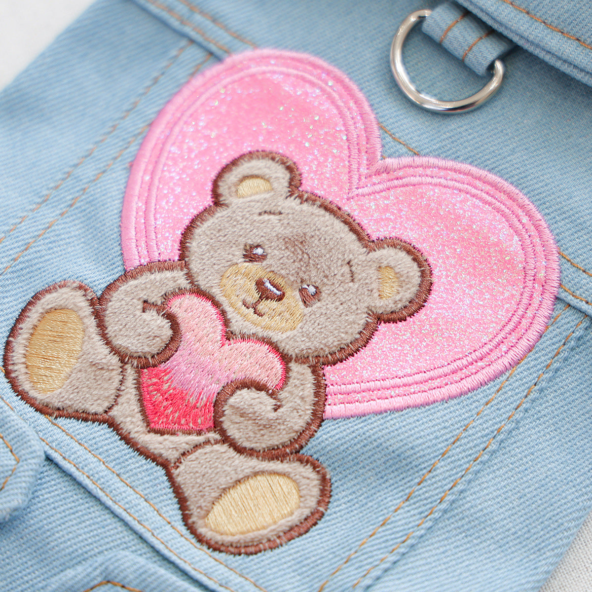 Pink Heart Bear Dog Cat Denim Harness Jacket