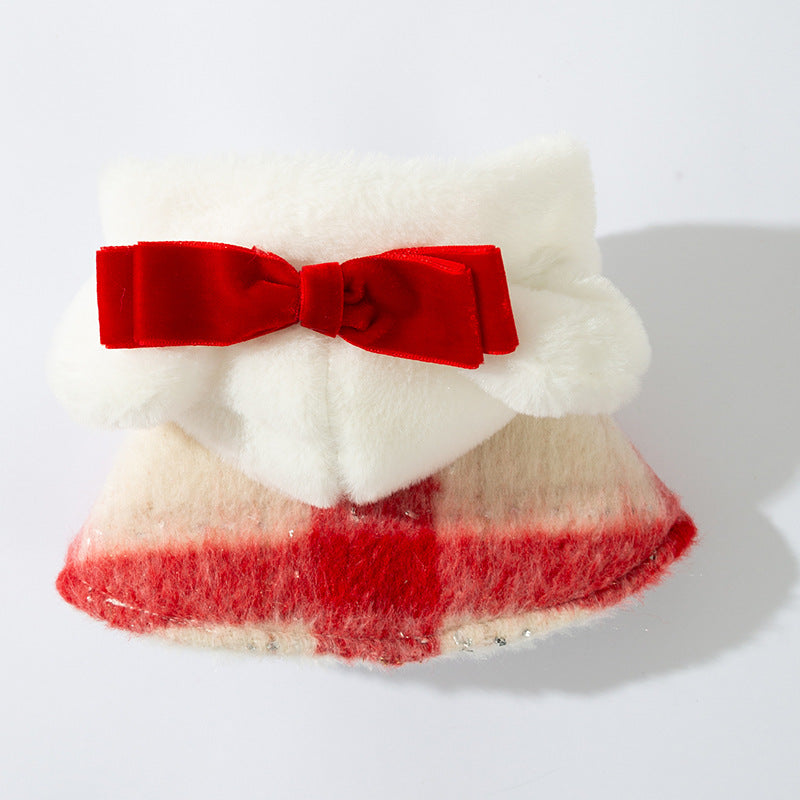 Bow Plaid Ruffled Fleece Dog Cat Dress/Cape