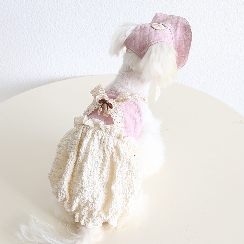 Flower Decor Lace Color Block Dog Cat Princess Dress Hat