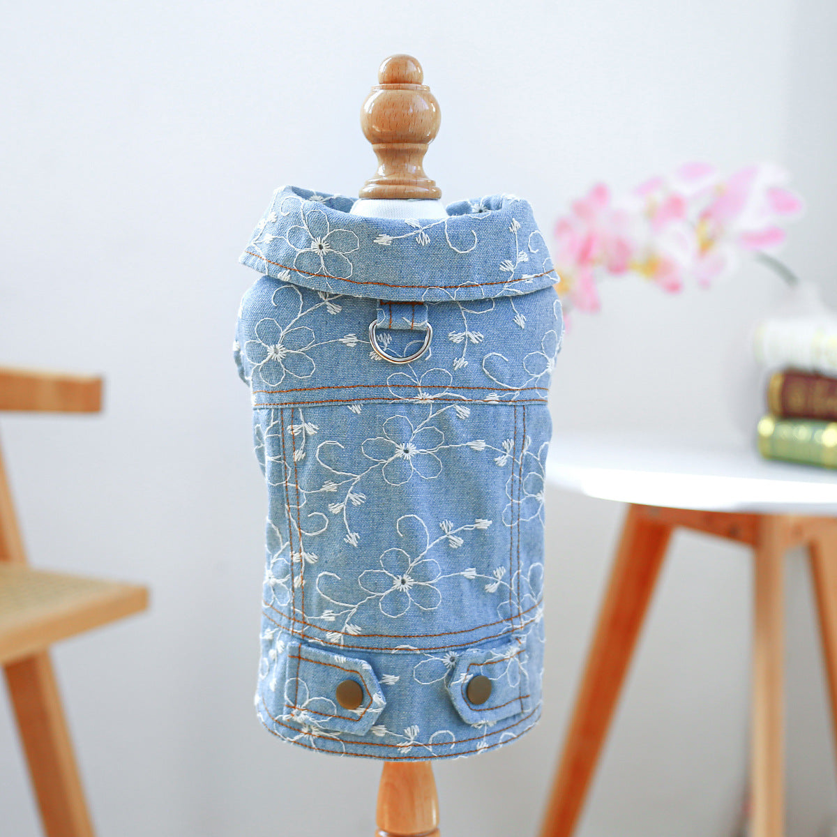 Flower Printed Dog Cat Denim Jacket Harness