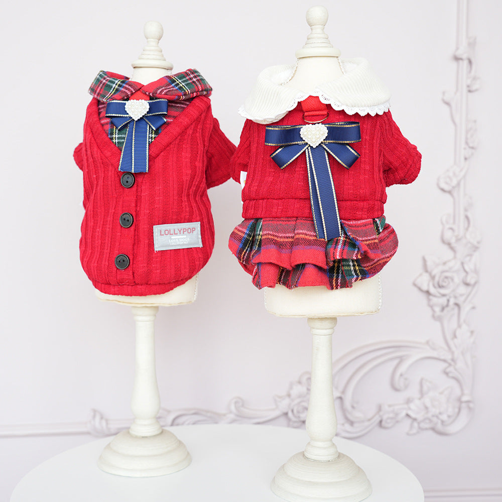 Knitted Plaid Bow Tie Dog Cat Jacket/Dress