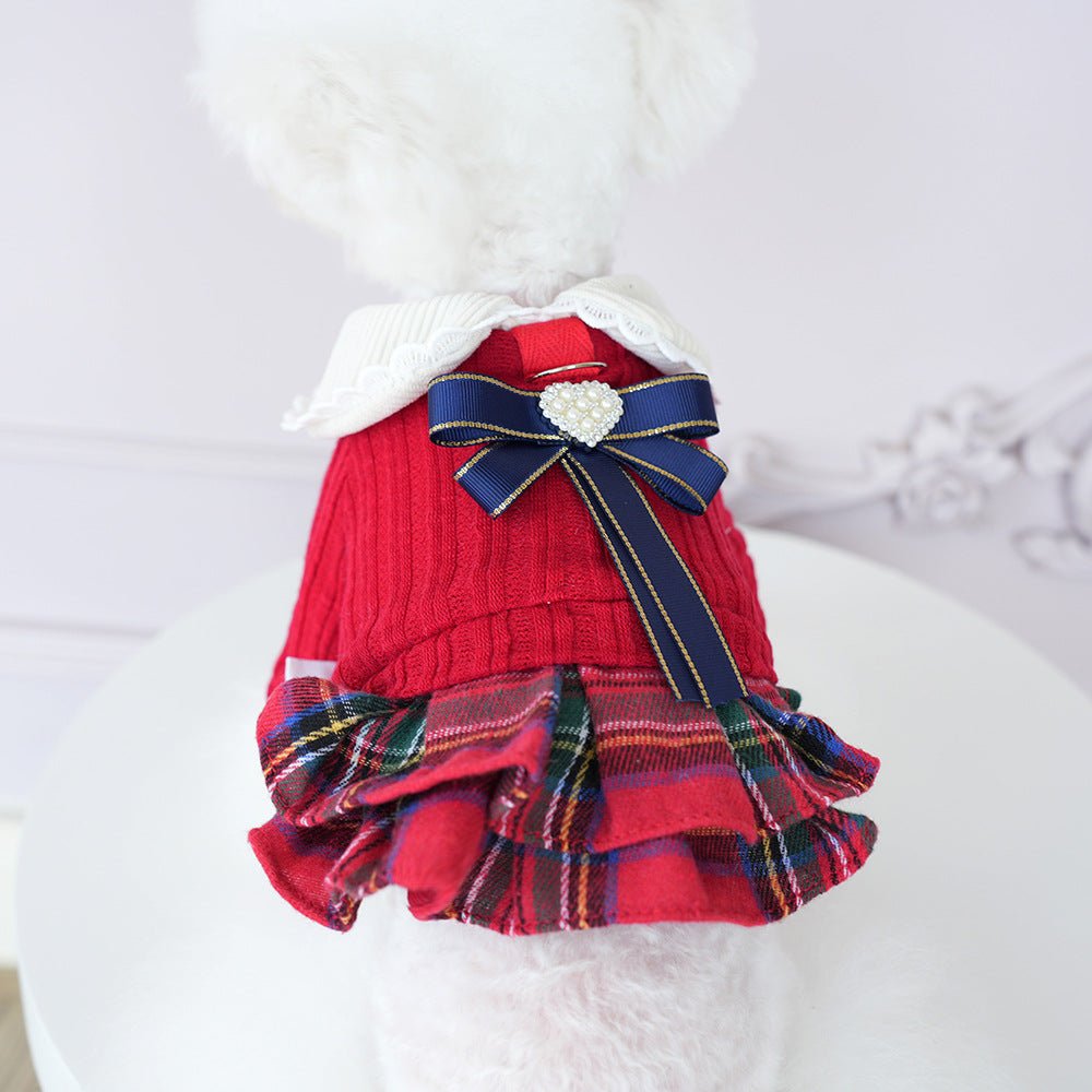 Knitted Plaid Bow Tie Dog Cat Jacket/Dress