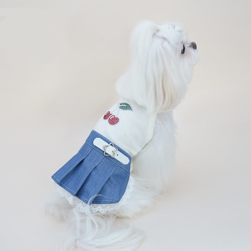 Rhinestone Cherry Belt Denim Dog Cat Dress