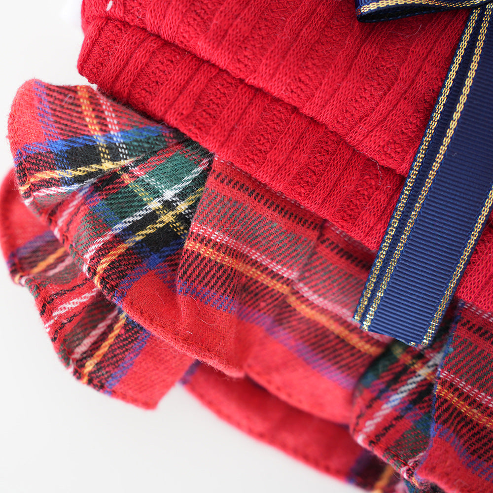 Knitted Plaid Bow Tie Dog Cat Jacket/Dress