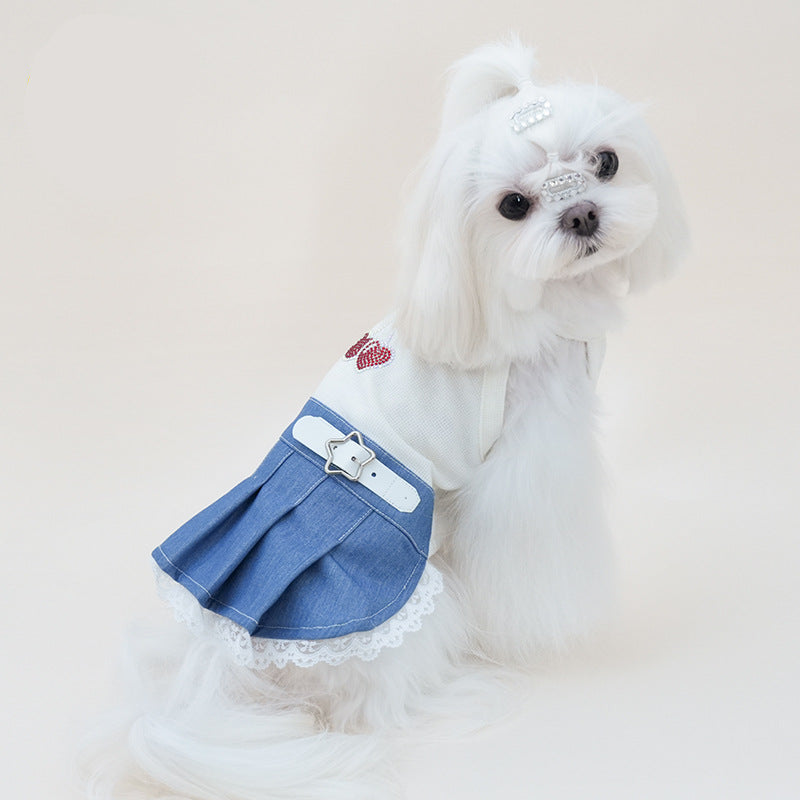 Rhinestone Cherry Belt Denim Dog Cat Dress