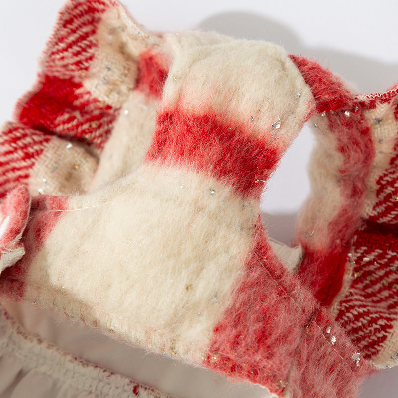 Bow Plaid Ruffled Fleece Dog Cat Dress/Cape