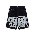 Synaworld jeans, trendy high street retro wash, vintage print, summer loose denim five quarter shorts (1)