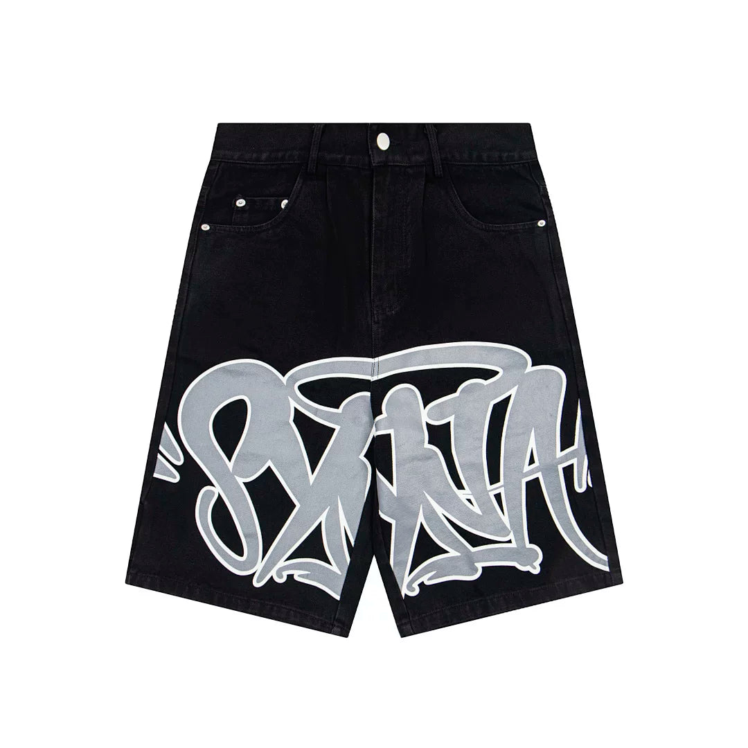 Synaworld jeans, trendy high street retro wash, vintage print, summer loose denim five quarter shorts (1)