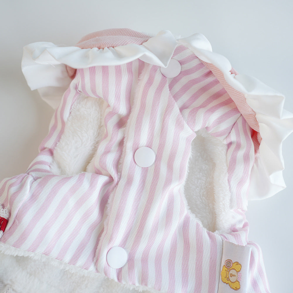 Sweet Striped Letter Bow Fleece Dog Cat Dress