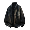 Black Faux Leather Varsity Jacket With Embroidery