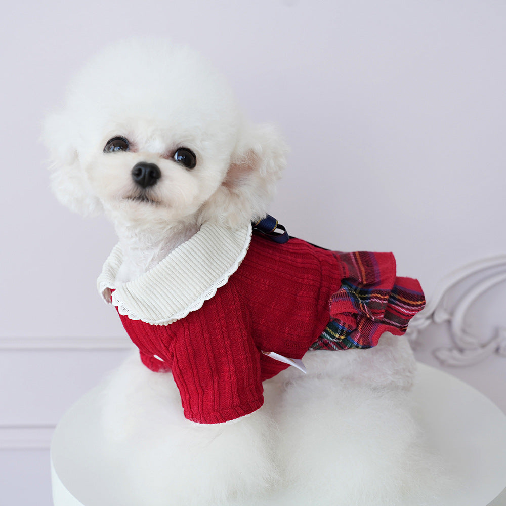 Knitted Plaid Bow Tie Dog Cat Jacket/Dress
