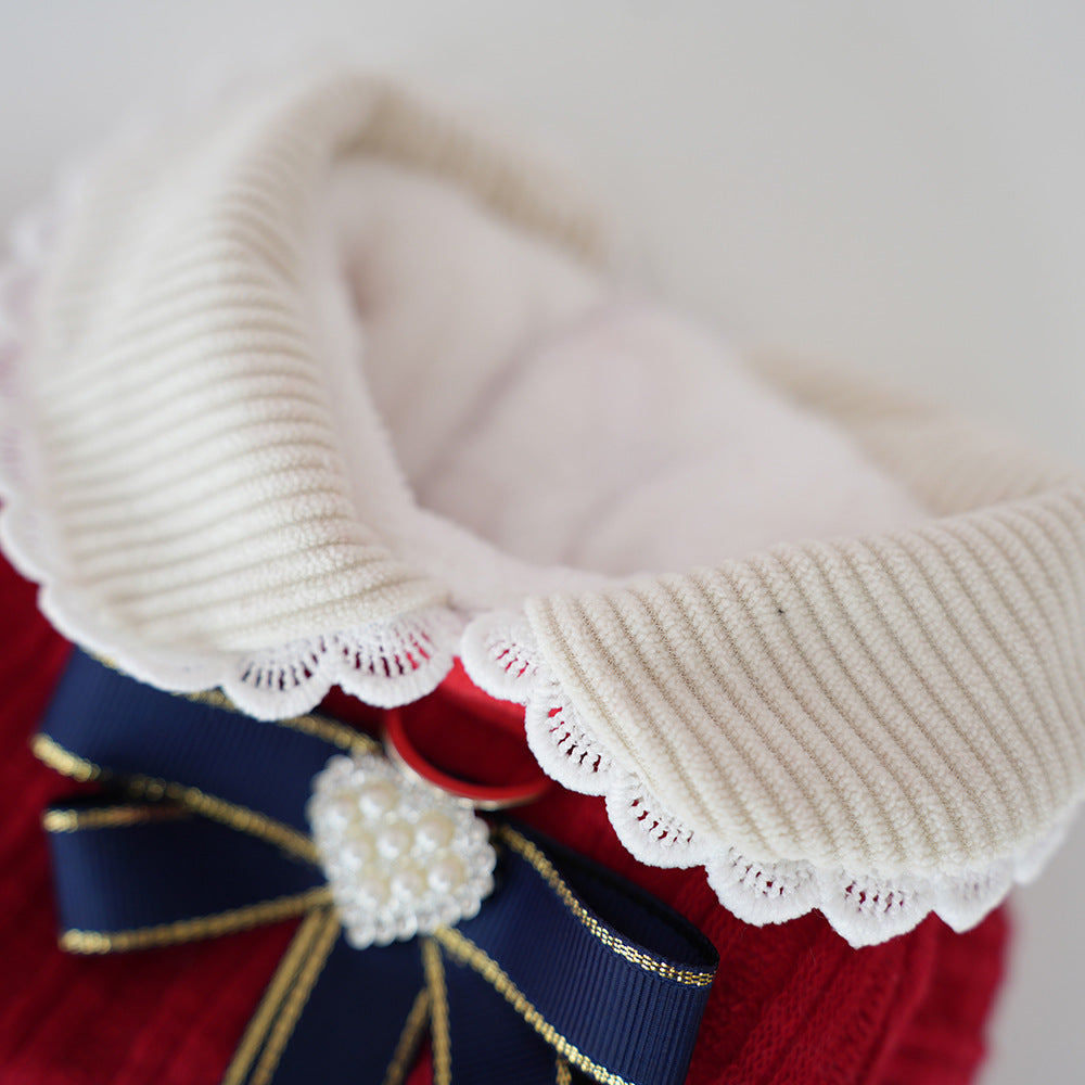 Knitted Plaid Bow Tie Dog Cat Jacket/Dress