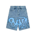 Synaworld jeans, trendy high street retro wash, vintage print, summer loose denim five quarter shorts (2)