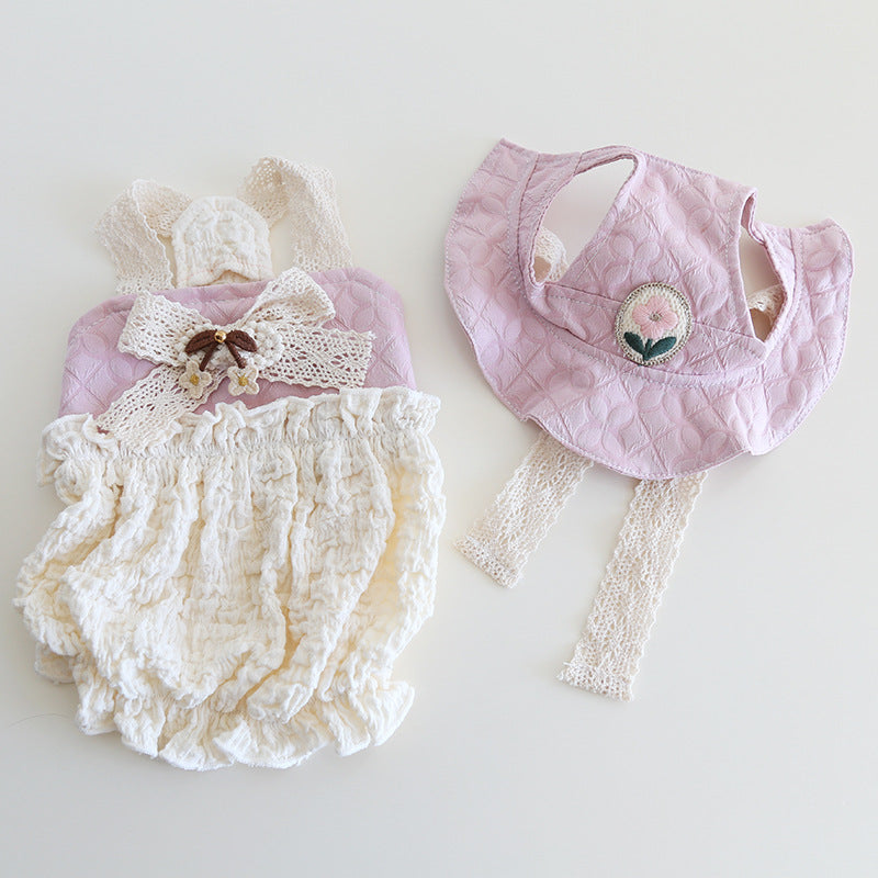 Flower Decor Lace Color Block Dog Cat Princess Dress Hat