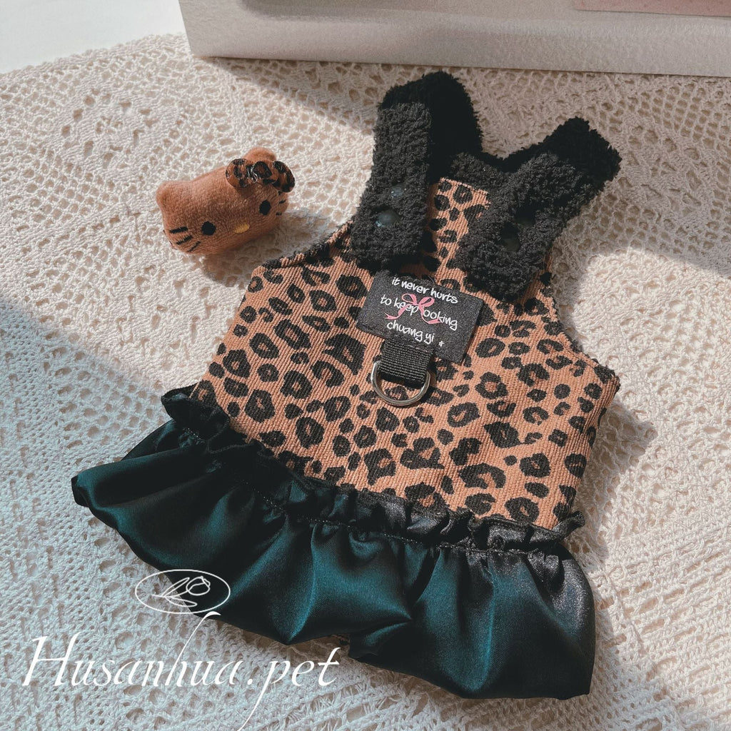 Leopard Pattern Fleece Dog Harness Dress