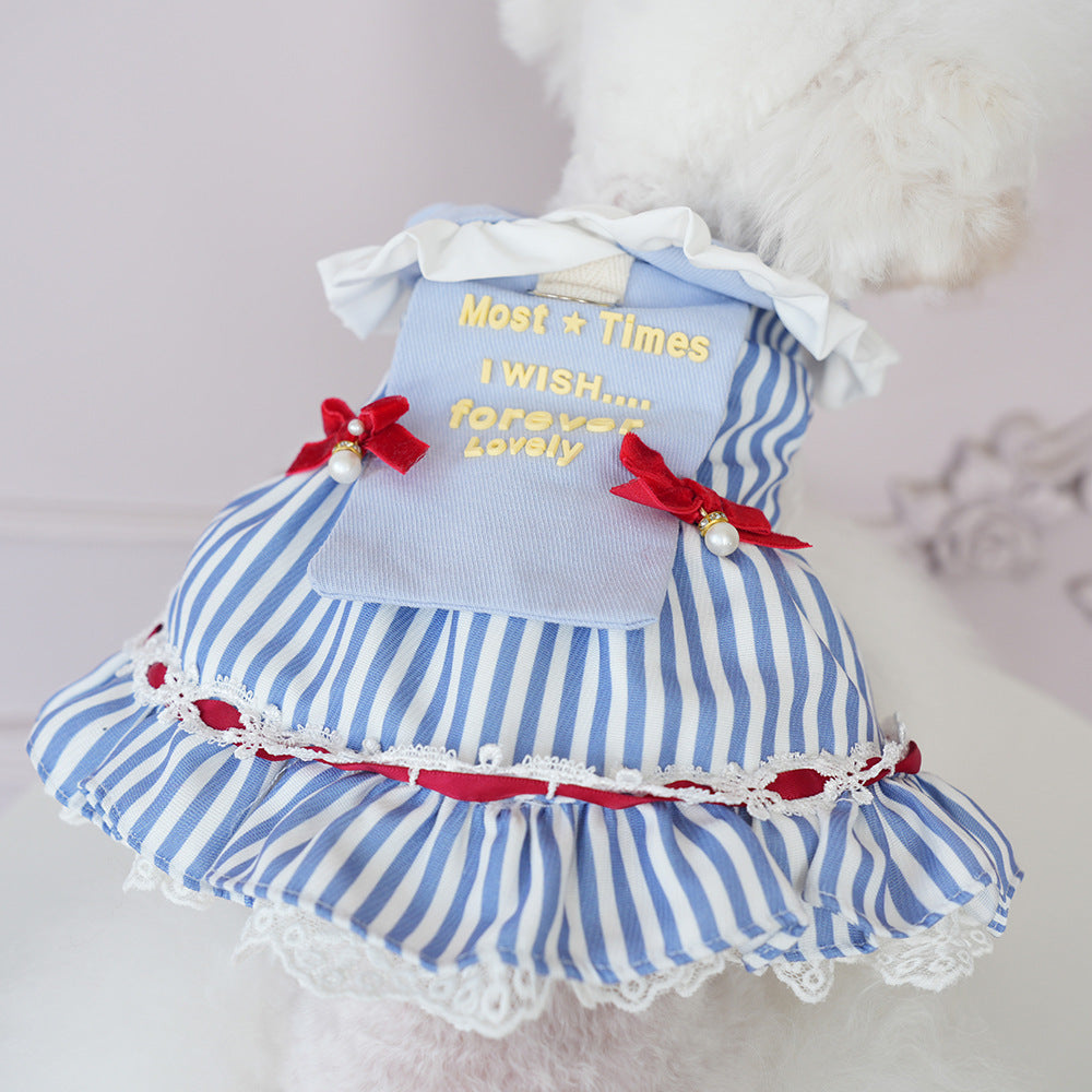 Sweet Striped Letter Bow Fleece Dog Cat Dress