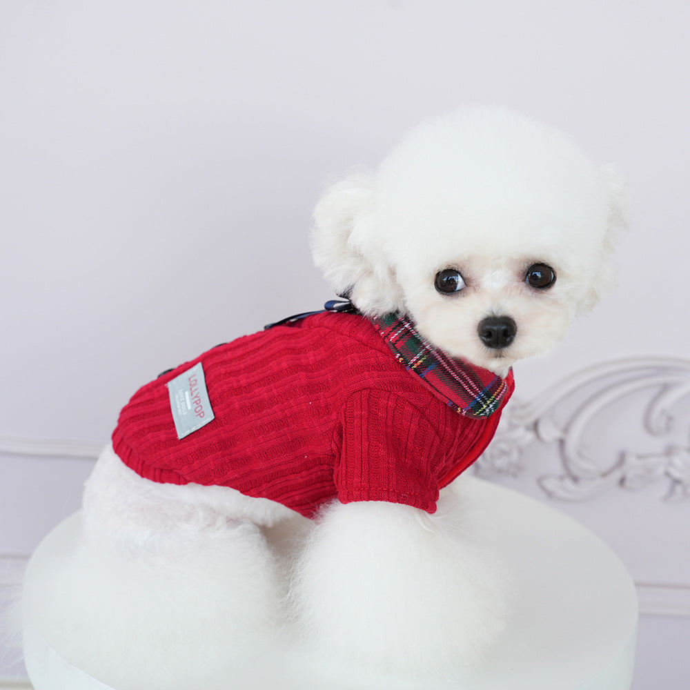 Knitted Plaid Bow Tie Dog Cat Jacket/Dress