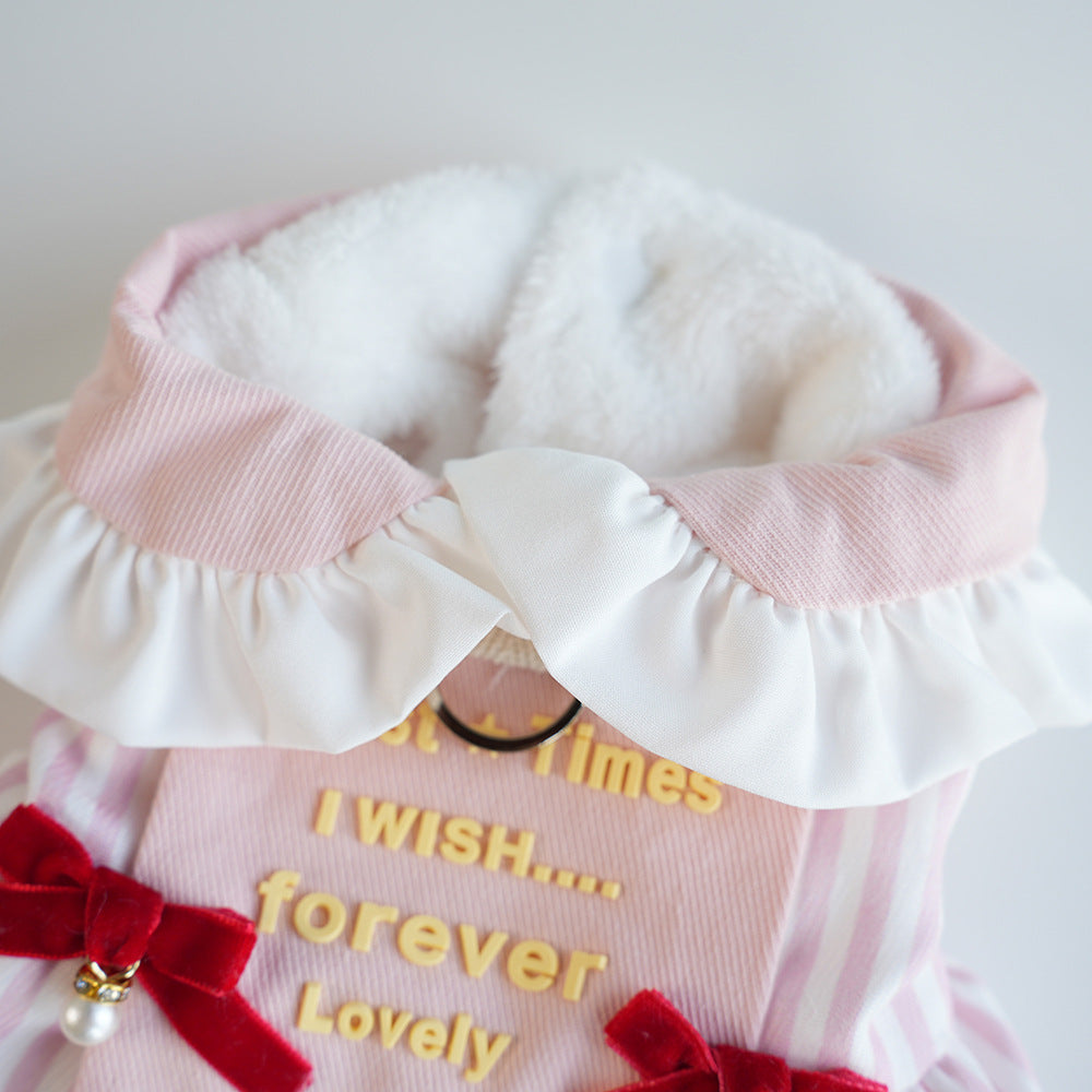 Sweet Striped Letter Bow Fleece Dog Cat Dress