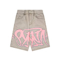 Synaworld jeans, trendy high street retro wash, vintage print, summer loose denim five quarter shorts (3)